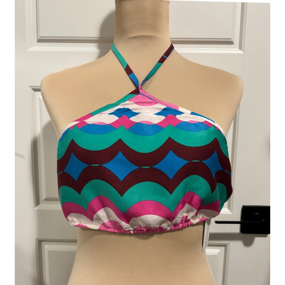 Olivaceous Halter Crop Top Womens Med Multicolor Geometric Wave Retro Tie Back